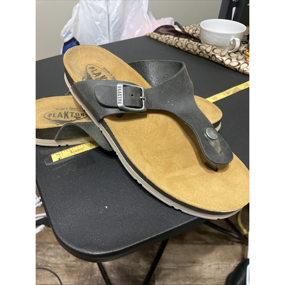 Plakton Bolero Thong Sandals Charcoal Black Womens 37  US 6.5-7 Spain Leather